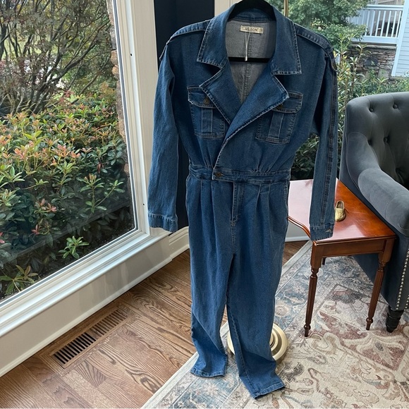 Mebon Denim Jumpsuit Romper Straight Leg Long Sleeve V Neck Baddie Boho Y2K L - Picture 1 of 11
